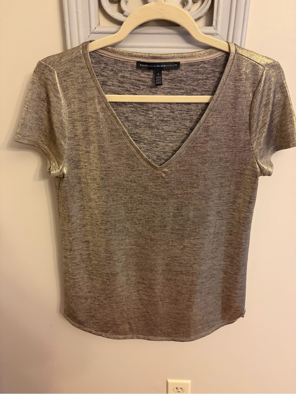 White House Black Market Shimmery Gold V-Neck Short Sleeve Tee